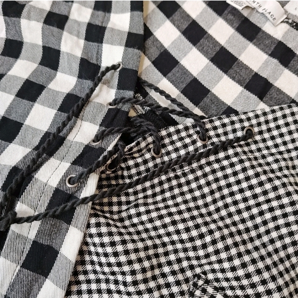 Fourteen Place Tasseled Tie Wrap Shirt Woman XL Black Patchwork Plaid Preppy New - Picture 10 of 13